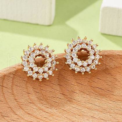 Flower Brass Micro Pave Clear Cubic Zirconia Stud Earrings for Women EJEW-G428-09G-1