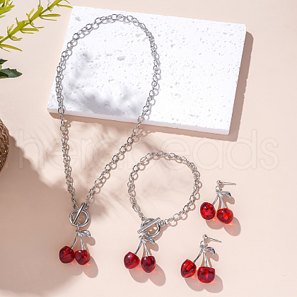 Cherry Zinc Alloy & CCB Plastic & 304 Stainless Steel & Iron Pendant Necklaces & Charm Bracelets & Stud Dangle Earrings Sets FS-WGA613B-02-1