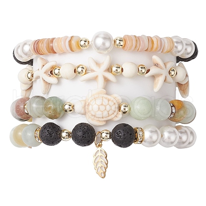 Natural Lava Rock with Natural Flower Amazonite with Synthetic Turquoise with 304 Stainless Steel Beads Bracelets BJEW-JB10519-1
