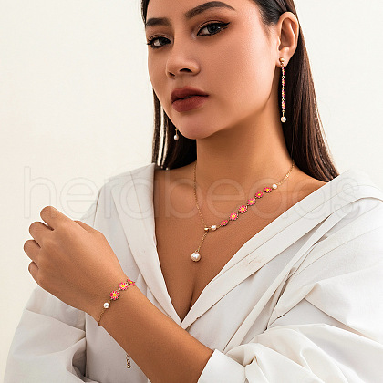 Brass & Alloy Enamel & Plastic Pearl Pendant Necklace & Stud Dangle Earring & Chain Bracelet FS-WGFF44D-02-1