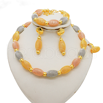 Oval Alloy Beaded Necklace & Stud Dangle Earring & Bracelet & Ring Sets FS-WGA4855-02-1
