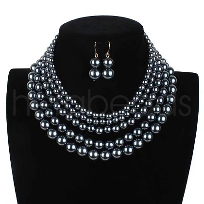 Plastic Pearl Round Beaded Multilayer Necklaces & Dangle Earrings Sets FS-WGEBA88-06-1
