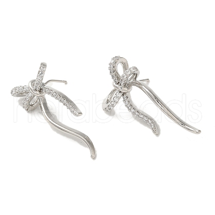 Bowknot Rack Plating Brass Micro Pave Cubic Zirconia Stud Earrings for Women EJEW-O001-02P-1