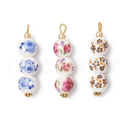 3Pcs Handmade Flower Printed Porcelain Ceramic Pendants PALLOY-JF03974-1