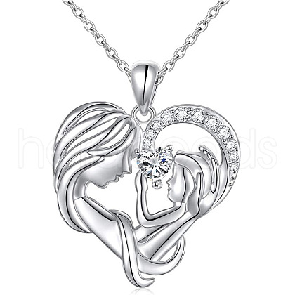 925 Sterling Silver Pave Clear Cubic Zirconia Heart Mother with Baby Pendant Necklaces for Mother's Day FS-WG28A46-01-1