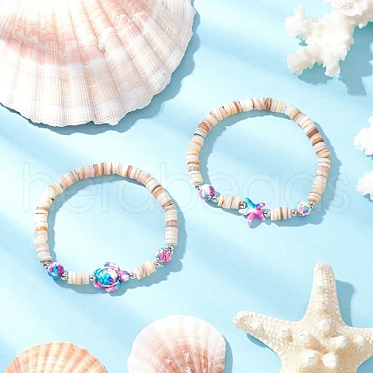 Sea Turtles and Starfish Natural Freshwater Shell Beads Bracelets BJEW-55.0-04-1