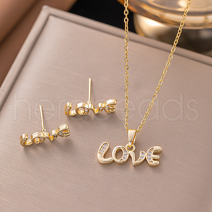 Brass Micro Pave Clear Cubic Zirconia Stud Earrings & Pendant Necklaces Sets FS-WG8C3C9-07-1