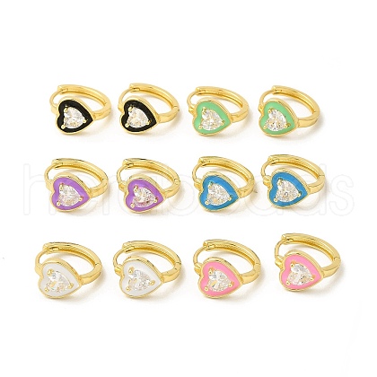 Enamel Heart Hoop Earrings with Clear Cubic Zirconia EJEW-E270-03G-1