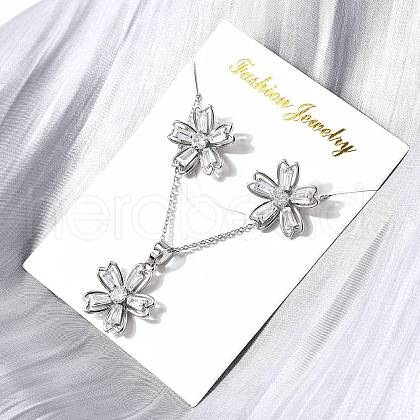 Flower Brass Micro Pave Cubic Zirconia Stud Earrings & Pendant Necklaces Sets SJEW-Z002-02P-1