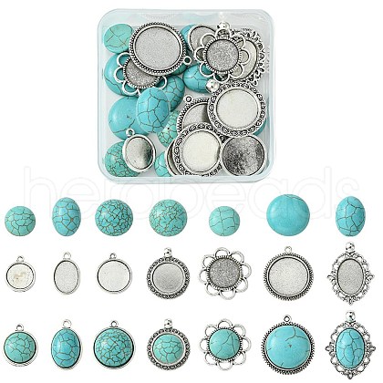 DIY Oval/Half Round Synthetic Turquoise & Tibetan Style Alloy Pendant Making Kits DIY-FS0006-12-1