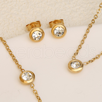 Flat Round 304 Stainless Steel Pave Clear Cubic Zirconia Link Bracelets & Stud Earrings & Pendant Necklaces FS-WG23E56-01-1