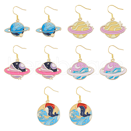 5 Pair 5 Style Golden Plated Alloy Enamel Planet Dangle Earrings with Iron Pins EJEW-AB00045-1