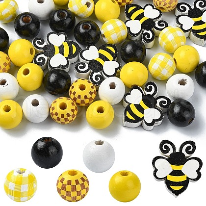 Bees Themed Printed Wood Beads Sets WOOD-YW0001-21-1