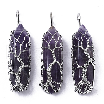 Natural Amethyst Big Wire Wrapped Pointed Pendants G-T133-P02C-1