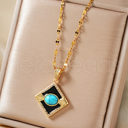 Vintage Brass Pave Synthetic Turquoise & Clear Cubic Zirconia Rhombus Pendant Necklaces KL9369-3-1