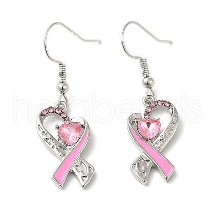 October Breast Cancer Pink Awareness Ribbon Alloy Dangle Earrings with Rhinestone EJEW-Z027-01P-1