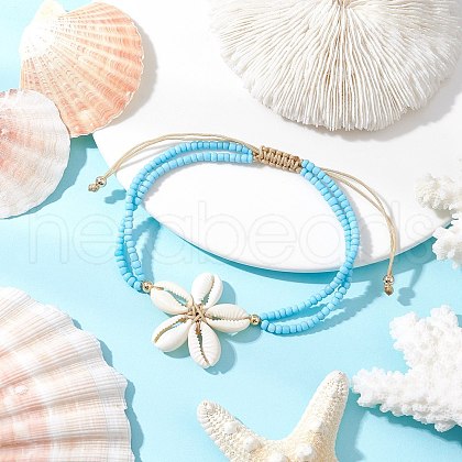 Adjustable Natural Cowrie Shell Beaded Braided Anklets AJEW-AN00686-01-1