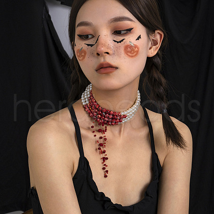 Retro Gothic Acrylic and Imitation Pearl Bloody Round Beaded Milti-strand Choker Necklaces for Women FS-WGACA63-01-1