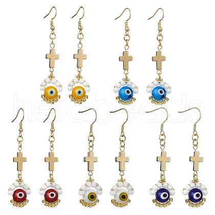 Handmade Seed Evil Eye & Cross Dangle Earrings EJEW-MZ00227-1