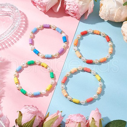 4Pcs 4 Colors Flat Round Polymer Clay Beads Stretch Bracelets for Women BJEW-JB11647-1
