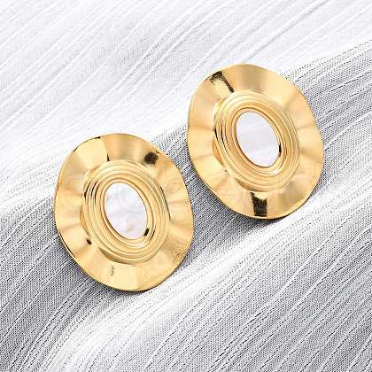304 Stainless Steel Natural White Shell Stud Earrings EJEW-Z103-01G-02-1