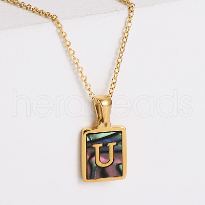 304 Stainless Steel Pave Natural Paua Shell Rectangle Initial Pendant Necklaces for Women FS-WG38E89-21-1