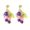 Natural Malaysia Jade Grape with Acrylic Leaf Dangle Stud Earrings EJEW-JE04912-1