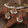 Bohemian Style Zinc Alloy & Rhinestone & Plastic Pearl Tassel Pendant Necklace & Dangle Earring FS-WG87356-02-1