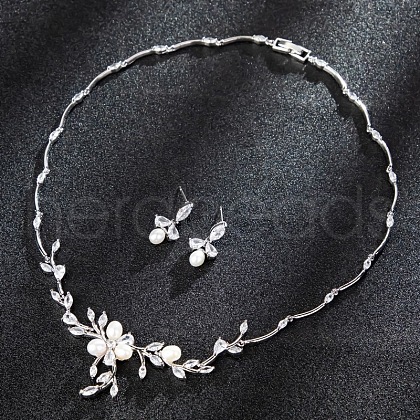 Flower Brass Micro Pave Clear Cubic Zirconia with Plastic Pearl Pendant Necklaces & Stud Dangle Earrings Sets FS-WG5BD9C-01-1