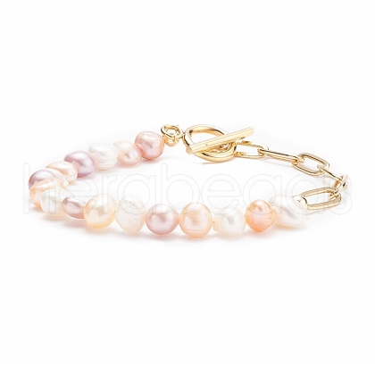 Natural Pearl Beaded Bracelet with Brass Paperclip Chains for Women BJEW-JB07920-02-1