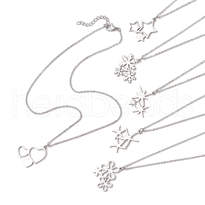 6Pcs 6 Styles 201 Stainless Steel 3 Heart Snowflake Flower Star Pendant Necklaces NJEW-JN05195-1