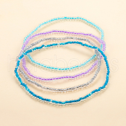 4Pcs 4 Colors Luminous Rondelle Plastic Seed Beaded Stretch Anklets Sets WG02137-01-1