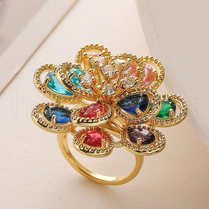 Flower Brass Micro Pave Cubic Zirconia Finger Rings for Women RJEW-M098-01G-1