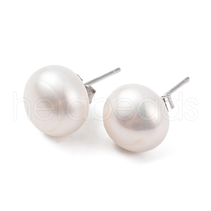 Natural Pearl Round Bead Stud Earrings EJEW-E298-01G-01P-1