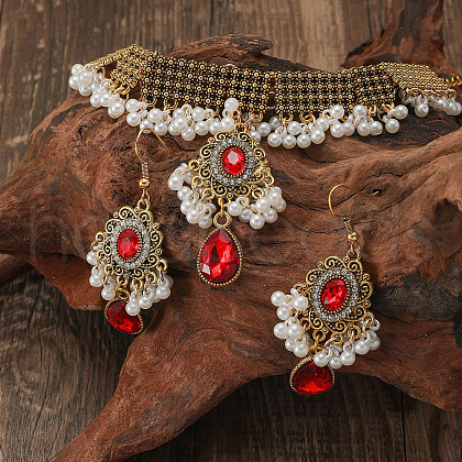 Bohemian Style Zinc Alloy & Rhinestone & Plastic Pearl Tassel Pendant Necklace & Dangle Earring FS-WG87356-02-1