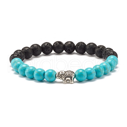 Round Synthetic Turquoise & Natural Lava Rock Stretch Bracelet BJEW-JB07470-02-1