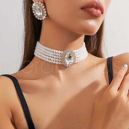 Oval Brass & Glass & Plastic Pearl Beaded Chain Collar & Stud Earrings Sets FS-WG5CD09-05-1