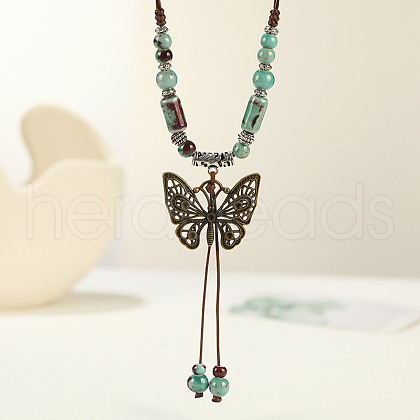 Ethnic Style Butterfly Alloy & Porcelain Beads Pendant Long Necklaces for Women FS-WG12891-01-1