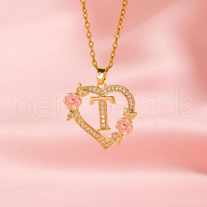 Brass Crystal Rhinestone Hollow Rose Heart with Letter Pendant Necklaces for Women WGC1928-20-1