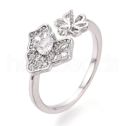 Leaf Brass Micro Pave Clear Cubic Zirconia Cuff Ring Settings KK-T076-34P-1
