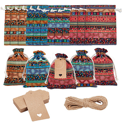  24Pcs 4 Colors Bohemian Rectangle Geometric Print Linenette Drawstring Bags ABAG-NB0001-88B-1