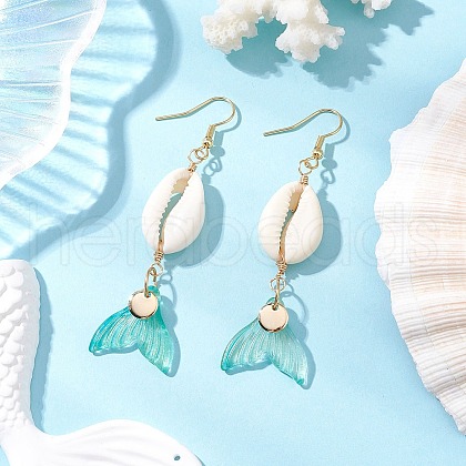Natural Cowrie Shell Glass Dangle Earrings EJEW-JE06385-02-1
