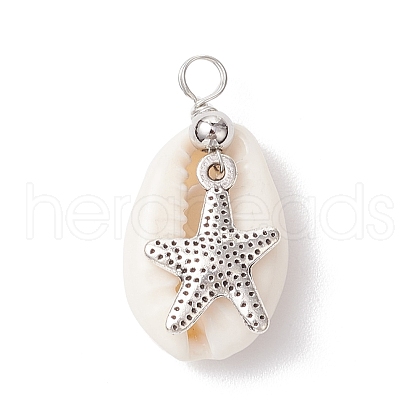 Natural Cowrie Shell & Alloy Sea Animals Pendants PALLOY-JF03751-03-1