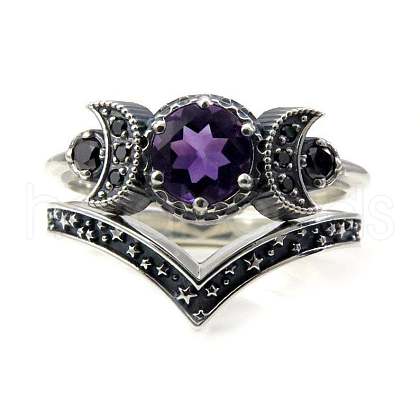 Gothic Purple Crystal Ring with Triple Moon Goddess - Black Diamond Jewelry for Women ST4544590-1