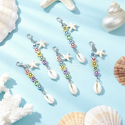 Starfish Synthetic Turquoise & Natural Mixed Cowrie Shell Bead Pendant Decorations HJEW-JM03237-1
