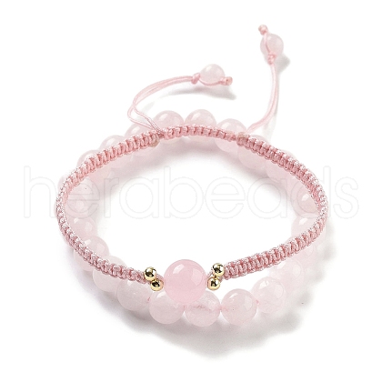 Natural Rose Quartz Round Beaded Stretch Bracelets & Braided Bead Bracelets BJEW-K251-04B-1