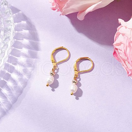 Natural Baroque Pearl Oval Leverback Earrings EJEW-JE06437-1