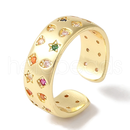 Brass Micro Pave Colorful Cubic Zirconia Star/Rhombus/Heart Wide Open Cuff Rings for Women RJEW-C098-31G-1