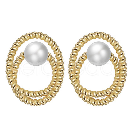 925 Sterling Silver Ring Stud Earrings with Pearl Beaded EJEW-P231-27G-1