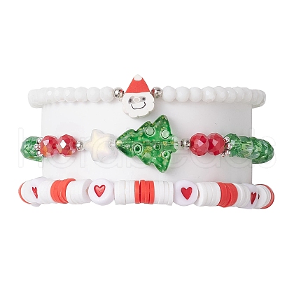 3Pcs 3 Styles Polymer Clay & Glass Beaded Stretch Bracelet Sets BJEW-JB10676-1
